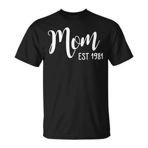 T-shirt Mom Est 1981 nera, maglietta promozionale unisex per adulti - Product Image 1