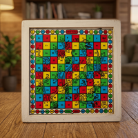 NE KLS1 Juego 2 en 1 de Ludo y Serpientes y Escaleras de Madera Hecho a Mano, Tablero de Doble Cara Multicolor, Hecho en Punjab, Personalizable