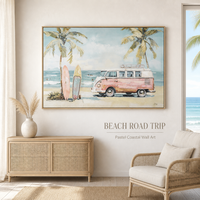 Toile imprimée style rétro : camping-car de plage, palmiers et planches de surf pour décoration murale de salon