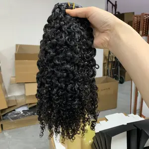 Miến điện xoăn PU liền mạch nguyên clip trong phần mở rộng tóc 100% tóc con người kinky xoăn vô hình Clip Ins