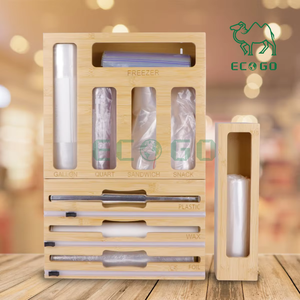 Distributeur de papier d'aluminium et de plastique en bambou 9 en 1 Organisateur de rangement de sacs Ziplock Organisateur de sacs de cuisine - Product Image 4