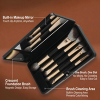Set Kuas Makeup Portable Dua Sisi dengan Cermin dan Kotak Magnetik 5 Buah Kuas Kosmetik