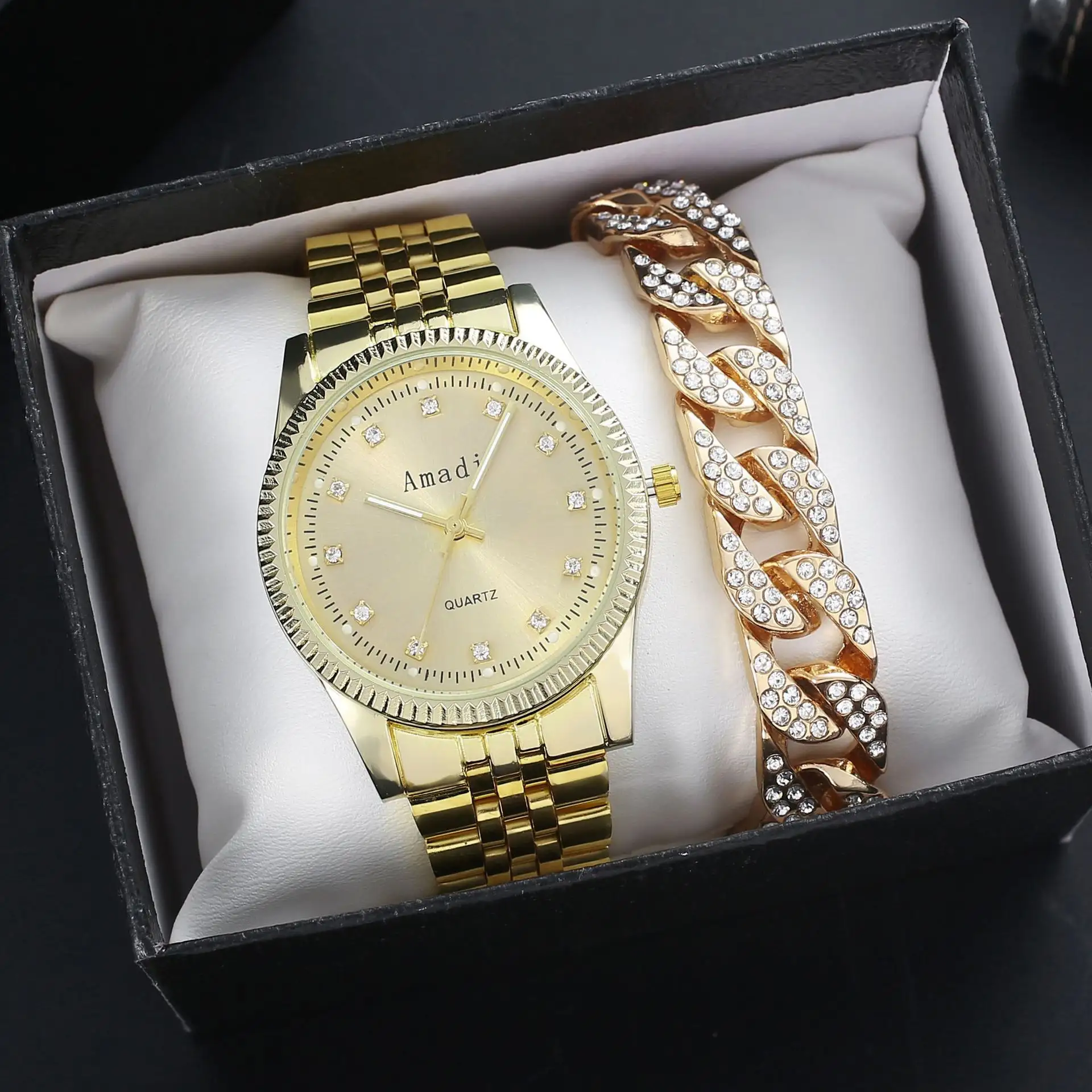 Montre à Quartz plaquée diamant pour hommes, ensemble de montre-bracelet en Zircon, Hiphop Punk, verre doré, cuir, numérique, dernière mode