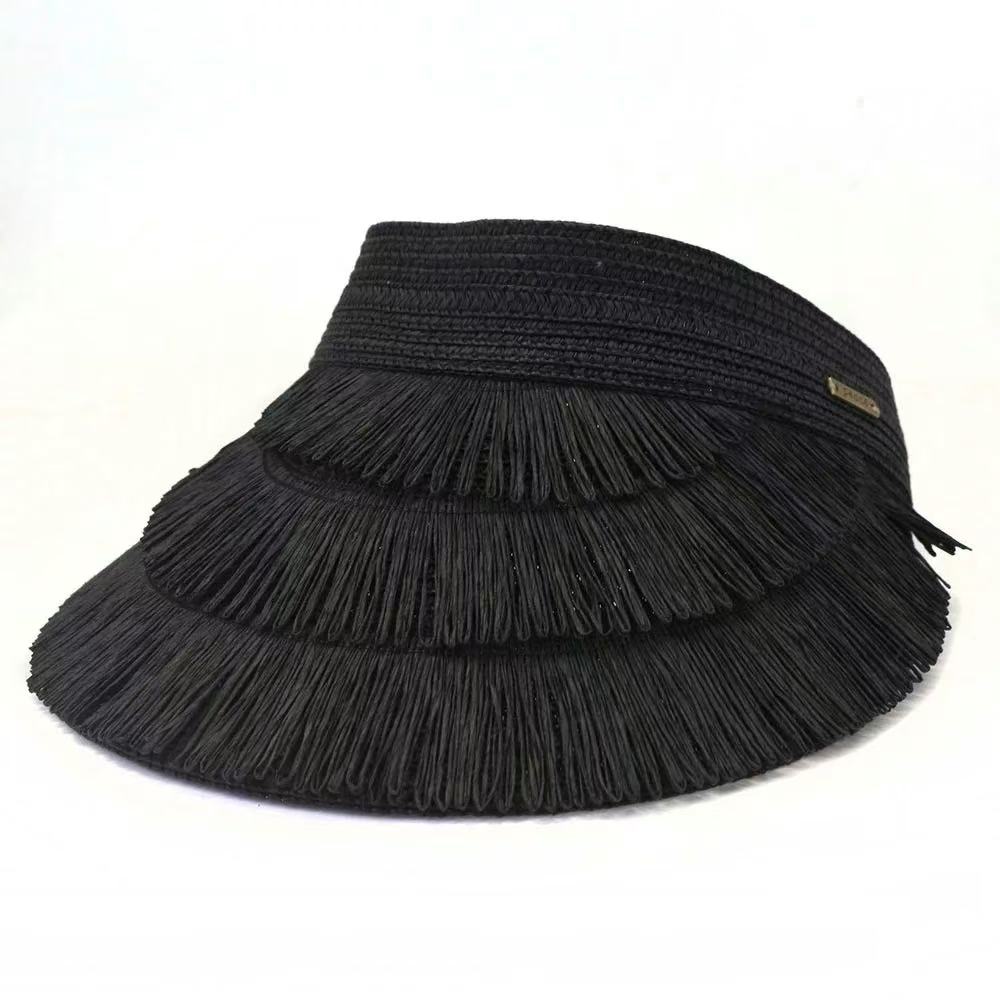2025 New Arrival Fashion Tassel Outdoor Sun Protection Sun Cap Women Empty Top Straw Visor Hat for Sport Vacation