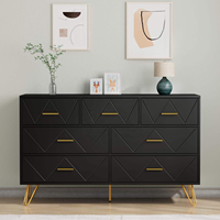 Commode de luxe en bois massif noir à 7 tiroirs avec poignées dorées, panneau MDF, meuble de rangement moderne pour chambre à coucher
