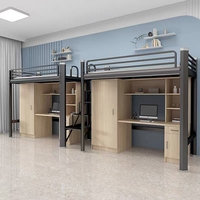 Lit superposé double en bois massif et acier avec bureau et étagères, finition naturelle, style organique