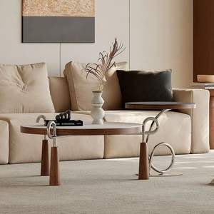 Minimalist Round Coffee <b>Table</b> Wood Top Metal Base Living Room Furniture Designer Modern Style <b>Set</b> - Product Image 4