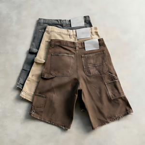 Pantalones cortos de mezclilla personalizados para hombre, de algodón desgastado, con doble rodilla, estilo carpintero, bajo MOQ - Product Image 2