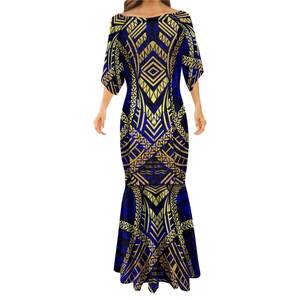 卸売エレガントなフォーマルガウンウエディングイブニングドレスマーメイドフィッシュテールドレスゴールデンポリネシア部族タパパターンレディースドレス - Product Image 1