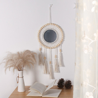 Miroir mural en macramé avec œil porte-bonheur, perles en bois et pompon, miroir rond, décoration murale bohème pour chambre et salon