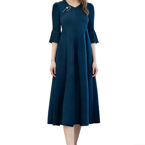 Jupe mi-longue trapèze Miyake Vintage bleu bud, nouvelle collection automne pour femme, robe élégante rajeunissante pour les voyages en bord de mer, grande taille - Product Image 3