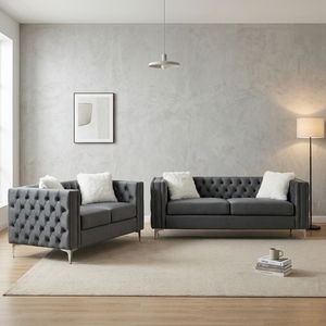 Juego de Sofás de Terciopelo Ecológico de Diseño Europeo Moderno, Muebles Grises para Sala de Estar, 3+2 Plazas con Cojines Blancos - Product Image 4