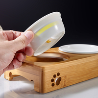 Bol double en céramique pour chat et chien, support antidérapant en bambou, table à manger, protection des vertèbres cervicales, fournitures pour animaux de compagnie