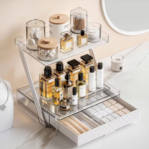 Étagère de rangement à 2 niveaux en acrylique transparent de qualité supérieure, cadre métallique moderne et motif <span class=keywords><strong>diamant</strong></span>, pour sublimer la décoration de la salle de bain et de la coiffeuse - Product Image 4