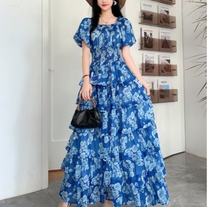 Women's Floral Print Tiered Maxi <b>Dress</b> Square Neck Puff Sleeve Smocked Waist <b>Romantic</b> Boho Gown <b>Dresses</b> Fashion - Product Image 2