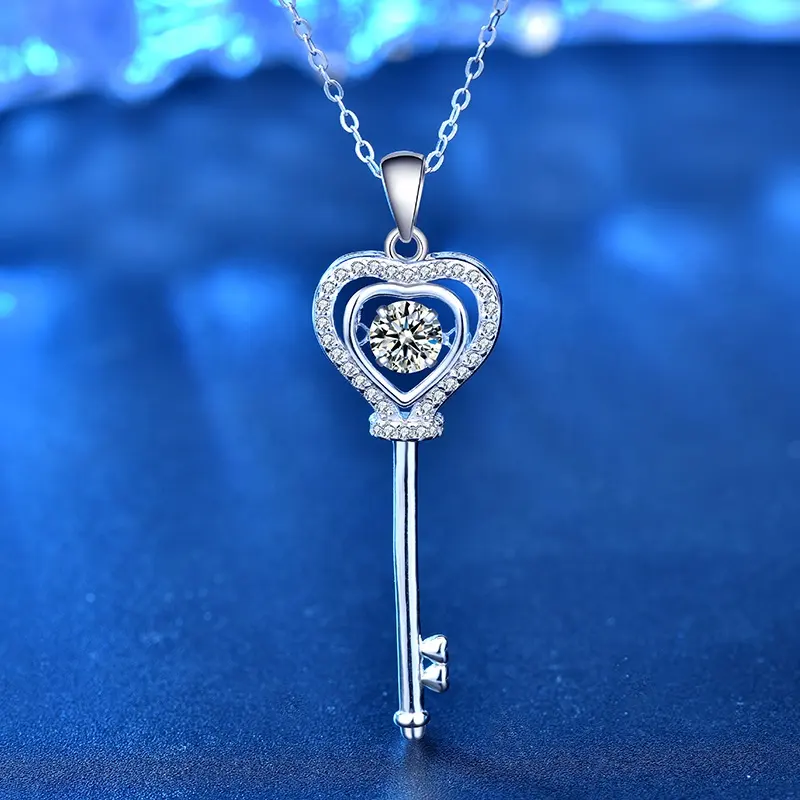 5mm 0.5 Carat D Color Moissanite Diamond Heart Key Pendant Necklace with Moissanite Stone 925 Sterling Silver Jewelry