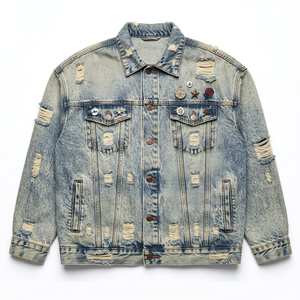 Veste coupe-vent en denim délavé bleu clair vintage, patchwork vieilli, sur mesure pour hommes, vente en gros OEM - Product Image 1