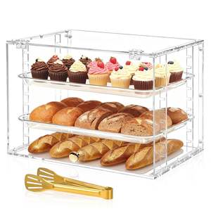 <span class=keywords><strong>Vitrine</strong></span> à pâtisserie et à pain en acrylique triple avec 2 plateaux amovibles, ouverture frontale à pince dorée pour comptoir de cuisine et boulangerie - Product Image 2