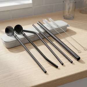 Reusable Metal <b>Drinking</b> <b>Straws</b> Set with Spoon and Cleaning Brush 4-Pack Minimalist Cocktail Bar Accessories - Product Image 3