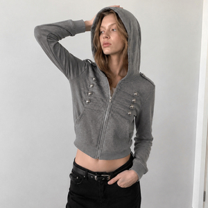 Sweat à capuche zippé pour femme, couleur unie, tissé, avec détails boutons métalliques, manches longues, style streetwear décontracté, haut d'automne - Product Image 3