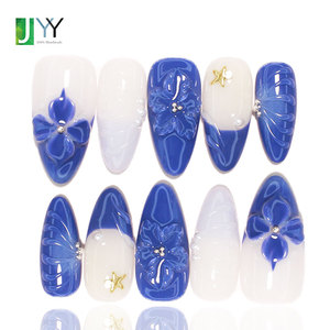 <span class=keywords><strong>Uñas</strong></span> postizas de gel acrílico 3D con diseño floral de verano, estilo almendra, azules y blancas, hechas a mano, con diseño de flores florecientes, personalizadas. - Product Image 1