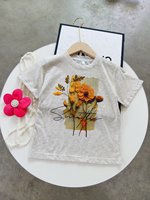 Ensemble Fille Été 2026 Jaune Imprimé Lettres Haut Manches Courtes Jupe Plissée Paillettes Deux Pièces Anti-Plis Style Coréen Coton
