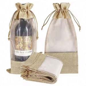 Bolsa de Lino Personalizada con Cordón para Botellas de Vino, Bolsa de Lino Reciclable con Ventana para Botellas de Vino, Fabricantes Mayoristas - Product Image 1