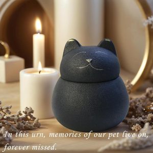 Zwarte porseleinen lachende kat crematie urn - schattige dikke kat gedenkdoos sterke afdichting 250ml inhoud - Product Image 5