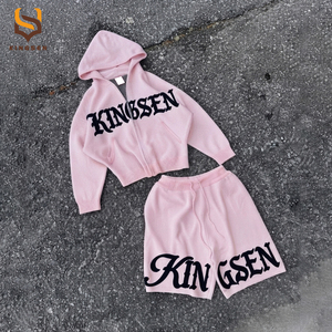 Wholesale Custom <b>Gothic</b> Letter Print Zip Up <b>Hoodie</b> And Shorts Set Casual Oversized Two Piece Outfit Streetwear Tracksuit - Product Image 4