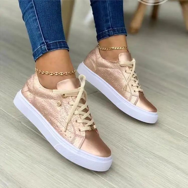 High Quality Women'S Casual Lace Up Shoes Large Size Thick Sole Sneakers Flats Sports Shoes