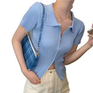 Nouveau femmes à manches courtes Double fermeture éclair pull tricoté col à revers Style coréen pull tricoté tricot pull mince - Product Image 1