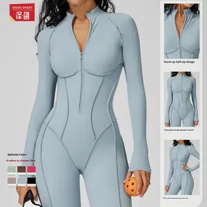 بدلة رياضية نسائية بياقة عالية للتمارين الرياضية واليوغا، بسحاب نصفي وخطوط، مصنوعة من النايلون والسباندكس، مناسبة للرياضات عالية الكثافة، قطعة واحدة دافئة - Product Image 3