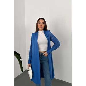 Cárdigan Azul Bordado al por Mayor con Mangas, Estampado Informal, Patchwork y Decoración de Botones para la Temporada de Otoño - Product Image 3