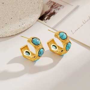 Huggie <b>Earrings</b> Gold Plated <b>Turquoise</b> Oval Geometric <b>Stud</b> For Women - Product Image 3