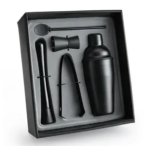 Custom 5 Pieces 550ml Black Stainless Steel Cocktail Shaker Set Bartender Kit In Gift Box