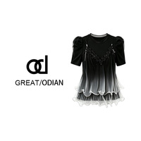 1519 - Blouse élégante noire dégradée en organza à volants pour femme, manches courtes bouffantes, superposition en dentelle et strass