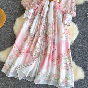 Abito da <span class=keywords><strong>donna</strong></span> elegante floreale francese con scollo a V e maniche lunghe, vestito da <span class=keywords><strong>ufficio</strong></span> a trapezio che esalta la figura, abbigliamento femminile alla moda - Product Image 4