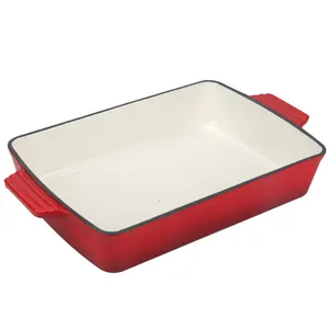 Bandeja de horno roja rectangular mediana de esmalte de hierro fundido, molde para pastel, suministros de hotel en la placa, adecuada para todo tipo de estufas