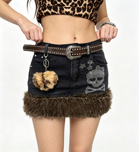 Women Black Denim Mini <strong>Skirt</strong> Rhinestone Skull Pattern Fuzzy <strong>Fur</strong> Hem Low Waist Y2K Grunge Jean Micro <strong>Skirt</strong> - Product Image 2