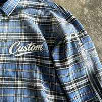 Kemeja Pria Kustom Grosir Motif Kotak-kotak Kancing Depan, Efek Pudar Bleach, Lengan Bermotif Gothic, Bordir Distressed, Vintage Y2K Grunge