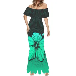 Drop Verzending Lady Mermaid Jurk Polynesische Tribal Custom Turquoise Vrouwen Lange Prom Jurken Puletasi Etnische Stijl Fishtail Jurk