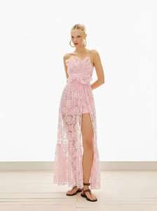 Vestido maxi casual <span class=keywords><strong>rosa</strong></span> A-Line A11494 con encaje, sin tirantes, sin espalda, <span class=keywords><strong>de</strong></span> punto, con patrón plano y lentejuelas, modelo <span class=keywords><strong>de</strong></span> imagen. - Product Image 1