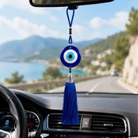 Pendentif rond en résine plastique peint aux yeux bleus, avec breloque bouche de poisson et cordon tressé à la main, orné d'un œil porte-bonheur, pour voiture