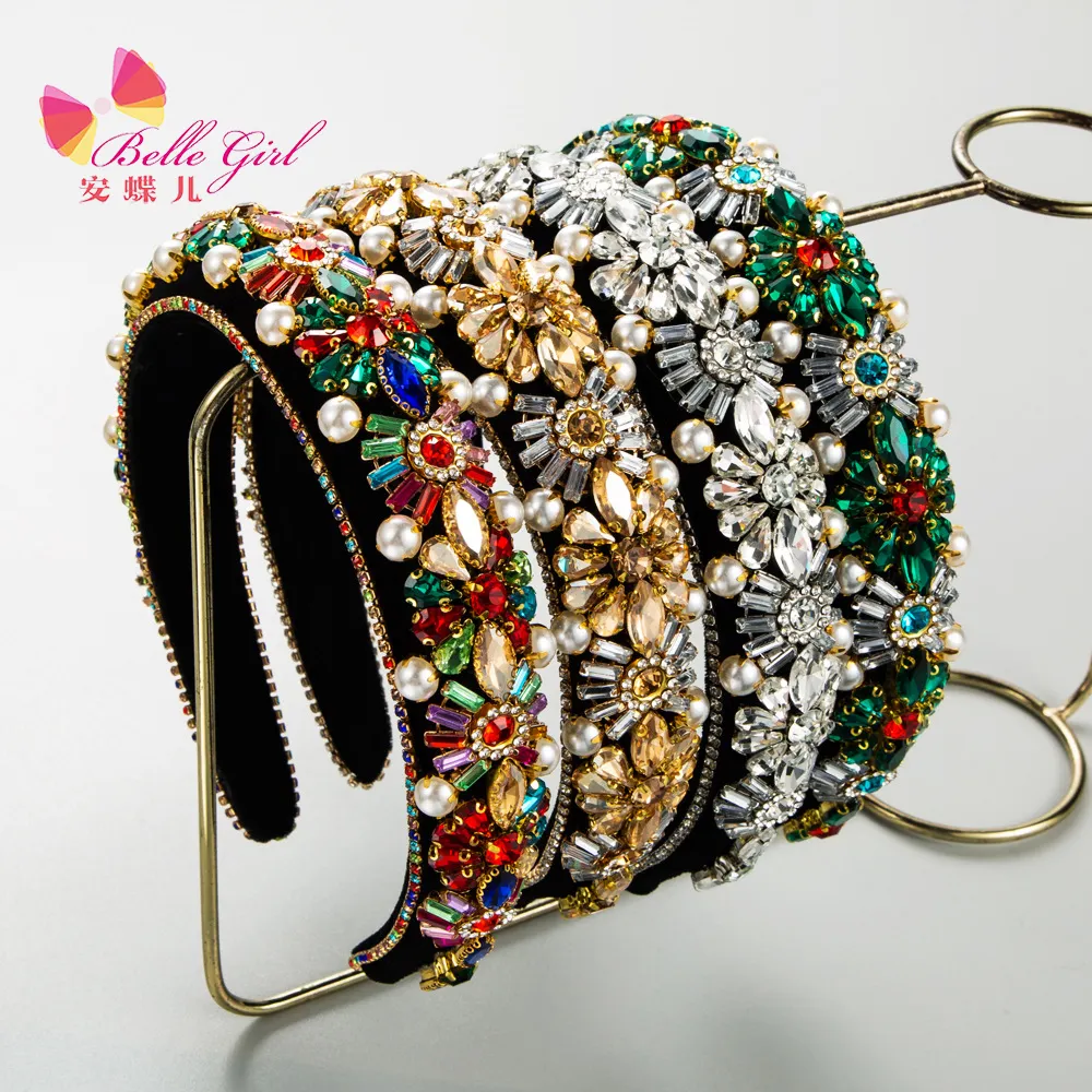 BELLEWORLD hermoso hecho a mano único Boho perla flor accesorios para el cabello ancho Bling rhinestone diadema niñas diademas