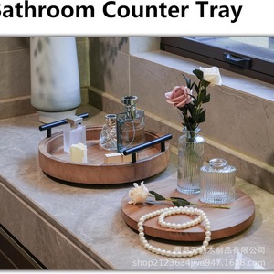Wooden <b>Storage</b> <b>Tray</b> Round With Handles Multifunctional Desktop Organizer For Cosmetics And Condiments - Product Image 3