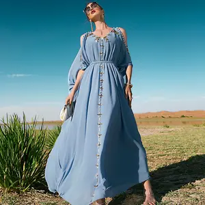 2022 Phong Cách Mới Hồi Giáo Không Tay Ăn Mặc Abaya Sky Blue Off The Shoulder Dress Thổ Nhĩ Kỳ Dresses Đối Với Phụ Nữ Hồi Giáo Bán Buôn