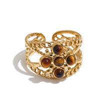 Bague JINYOU 8258 rétro en acier inoxydable plaqué or PVD, avec pierre naturelle turquoise ronde, multi-couches