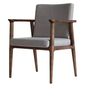 Chaise de salon en bois massif de style japonais avec coussin en tissu gris et accoudoirs, chaise de bureau - Product Image 3