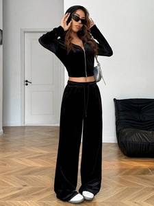 Venta al por Mayor Europa y América Nuevo Milenio Vintage Casual Conjunto de Cárdigan con Capucha de Terciopelo Sólido de Manga Larga y Corte Holgado para Mujer - Product Image 1