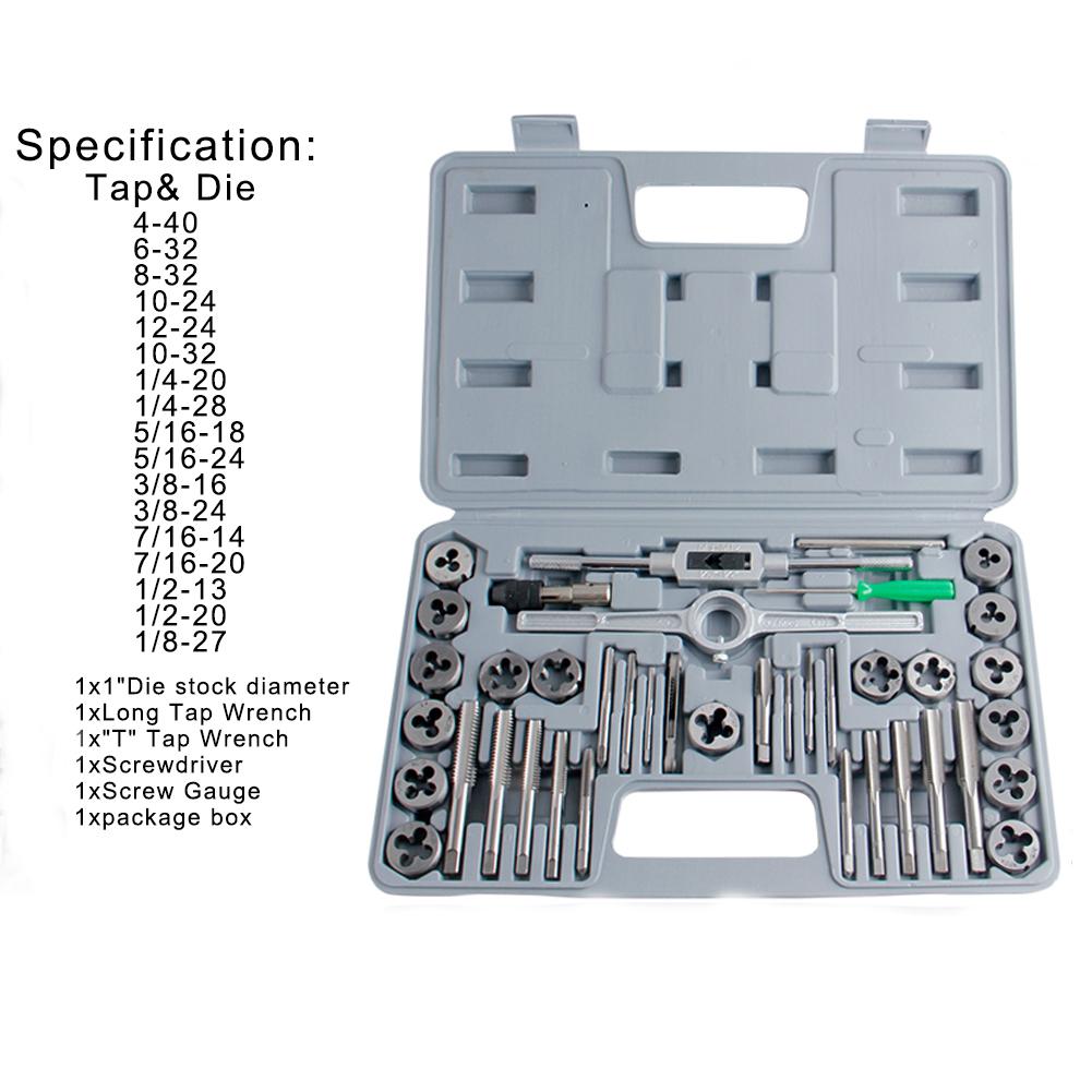 40pcsタップダイセットハンドスレッドプラグタップハンドル合金鋼インチスレッドツールケース付き